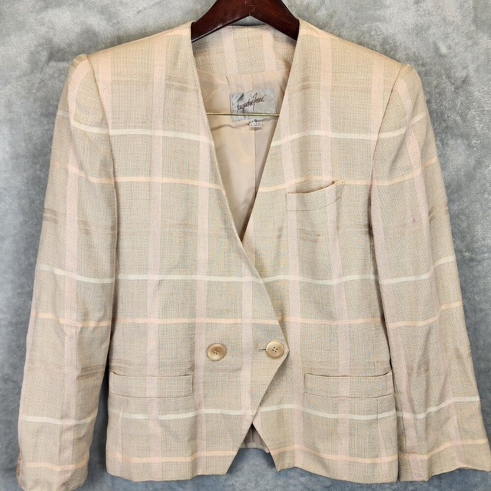 Jacqueline Ferrar 6 Linen Blazer Beige White Plaid Double Breasted Vintage Prep
